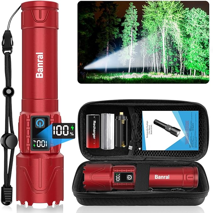 Banral Rechargeable Tactical Flashlights High Lumens - 5000mAh Super Bright LED Powerful Flash Light, Waterproof Handheld USB C Flashlight for Home,Car,Camping,Emergencies,5 Modes,Zoomable (1, Red)