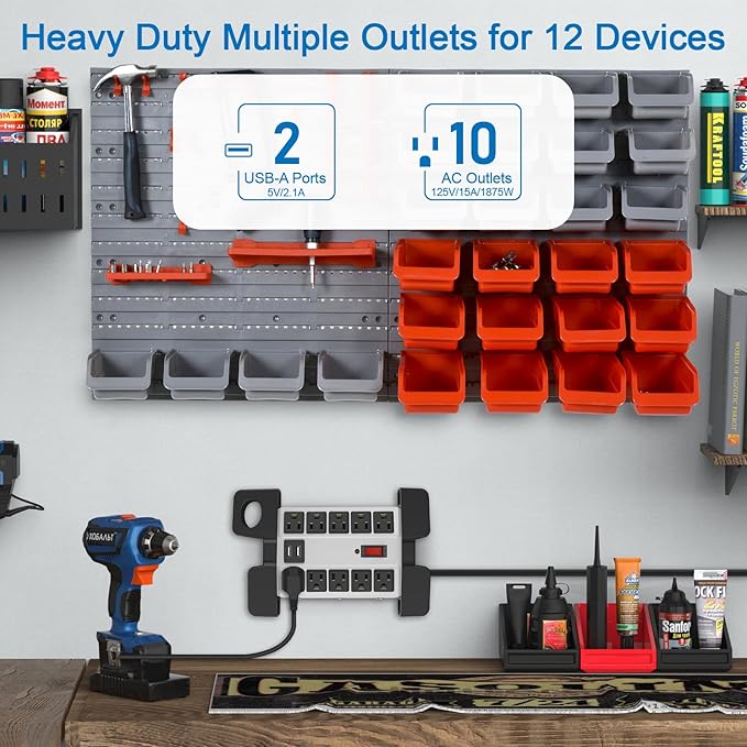 CCCEI Heavy Duty Power Strip with USB Ports, Garage 10 Outlets Surge Protector 2700 Joules, Industrial Workshop Metal 15Amp Multiple Outlets, 10 FT Extension Cord and Wide Spaced Grey.
