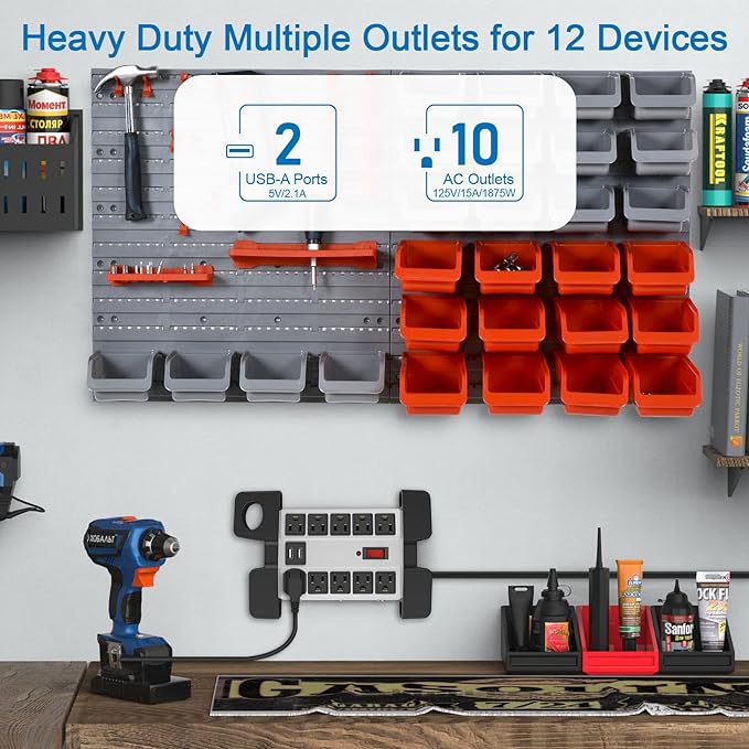 CCCEI Heavy Duty Power Strip with USB Ports, Garage 10 Outlets Surge Protector 2700 Joules, Industrial Workshop Metal 15Amp Multiple Outlets, 15 FT Extension Cord and Wide Spaced Grey.