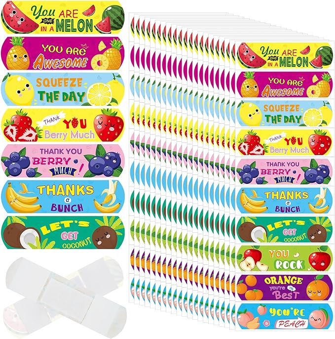 Patelai 300 Pieces Kids Bandages Bulk 10 Styles Children's Adhesive Flexible Colorful Cute Cartoon Bandages Waterproof Breathable Stickers Protection Care Cuts for Girls Boys(Fruit)
