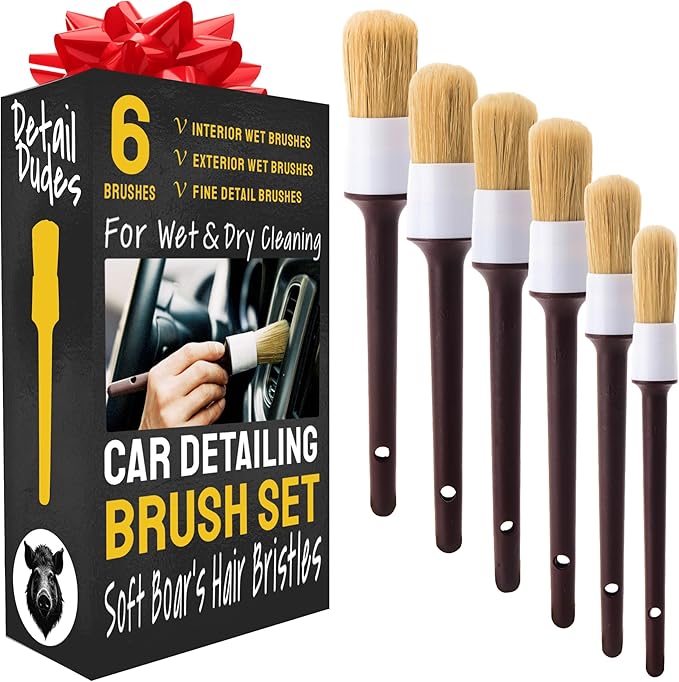 Soft Boars Hair Car Detailing Brush Set for Washing (6 Pack) - Interior Car Detailing Kit - Automotive Interior Dusting Brush - Auto Cleaning Supplies