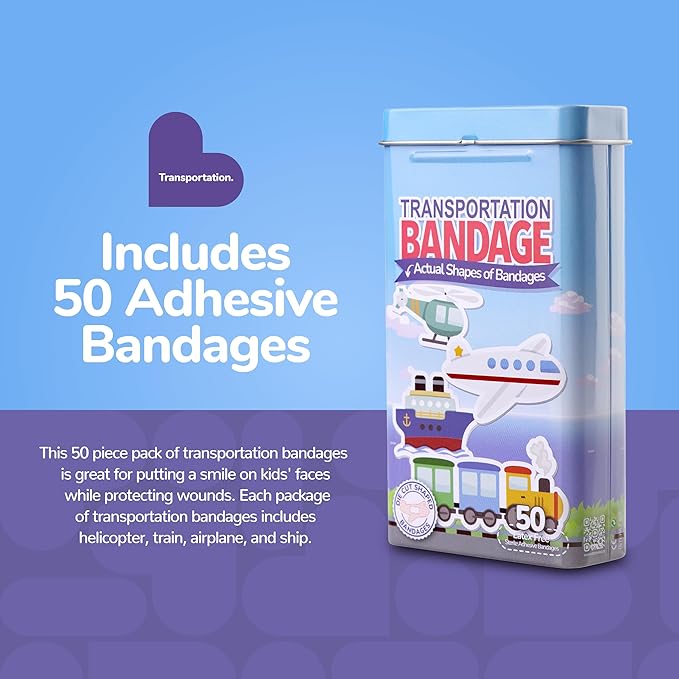 BioSwiss Kids Bandages, Transportation Shaped Self Adhesive Bandage Set, Latex Free, Sterile Wound Care, 50 Count