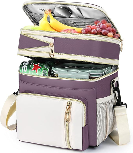 LOKASS Expandable Lunch Box for Women | Adult Lunchbag Cooler Tote Bag with Adjustable Shoulder Strap | Insulated Reusable Womens Lunch Bags for Work Camping Beach | 16L, Dark Pink