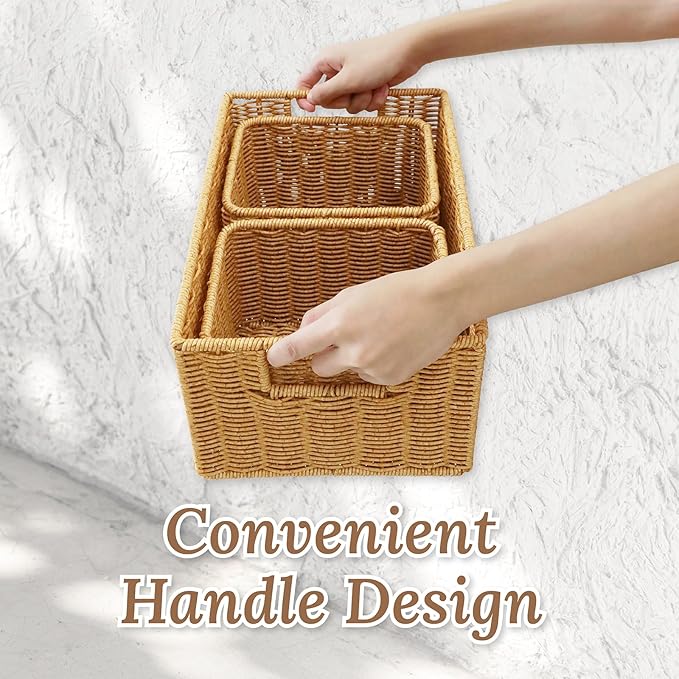 Wicker Basket with Handle, Shelf Baskets for Organizing, Woven Organization Storage with Handles, Resin Wicker Set of 3, Latte