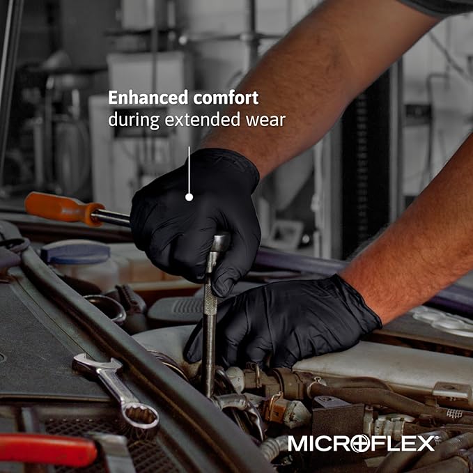 Ansell MICROFLEX Midknight Touch 93-732 Disposable Nitrile Exam Gloves for Auto, Tattoo, Dentistry, Catering, 4.3 mil - Large, Black (Box of 100)
