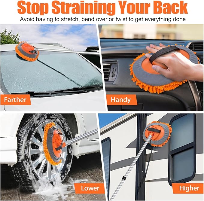 4-12ft Car Cleaning Kit, The Ultimate RV,Truck Washing Set with Soft Wash Brush, Tire Brush, Window Squeegee, Car Wash Mitt, Microfiber Cleaning Head & Extra-Thick Aluminum Extension Pole
