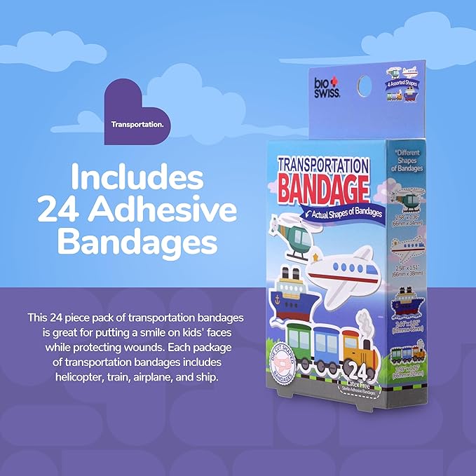 BioSwiss Kids Bandages, Transportation Shaped Self Adhesive Bandage Set, Latex Free, Sterile Wound Care, 24 Count