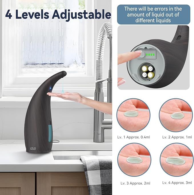 Automatic Soap Dispenser with Infrared Sensor - Adjustable 4-Level Touchless Hand Soap for Kitchen, Bathroom - Battery Operated Electric Dispenser, Durable Plastic, Smart Soap Holder(Deep Grain)