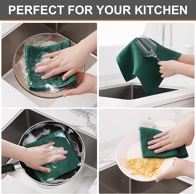 Kitinjoy 100% Cotton Kitchen Dish Cloths, 8 Pack Waffle Weave Ultra Soft Absorbent Dish Towels for Drying Dishes Quick Drying Kitchen Towels Dish Rags, 12 X 12 Inches, Dark Green