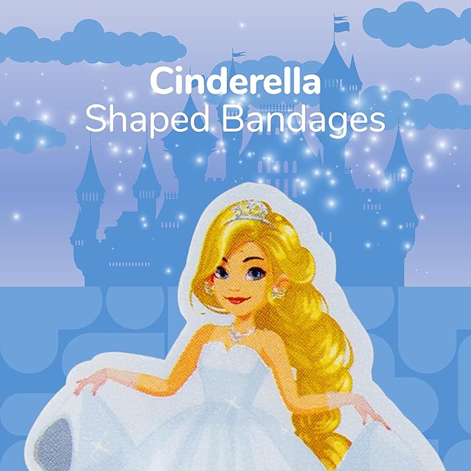 BioSwiss Kids Bandages, Princess Cinderella Shaped Self Adhesive Bandage Set, Latex Free, Sterile Wound Care, 50 Count