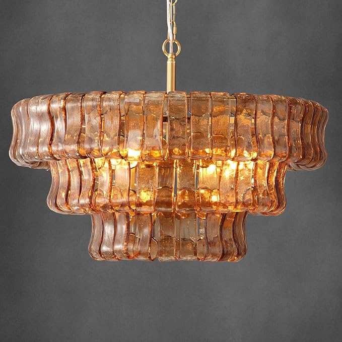 Modern Amber Glass Chandelier，23" Gold Round Chandelier for Dining Room, 4-Light Round Drum Kitchen Island Hanging Light Fixture Perfect for Living Room, Bedroom,Kitchen, Foyer