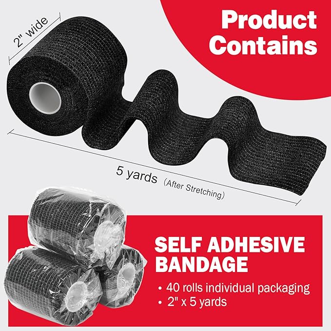 AZEN 40 Pack Self Adhesive Bandage Wrap Black, 2" X 5 Yards Black Athletic Tape, Vet Wrap, Tattoo Grip Tape Wrap，Ankle Tape, Cohesive Bandage Wrap
