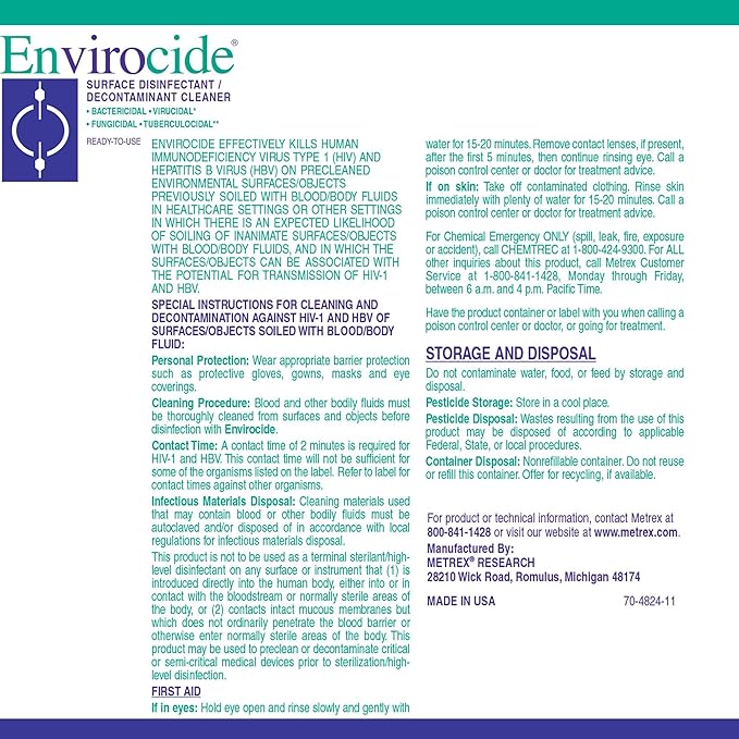 Metrex ENVIROCIDE Surface Disinfectant Cleaner, 1GAL JUG, Alcohol Based, 13-3300 (Case of 4)