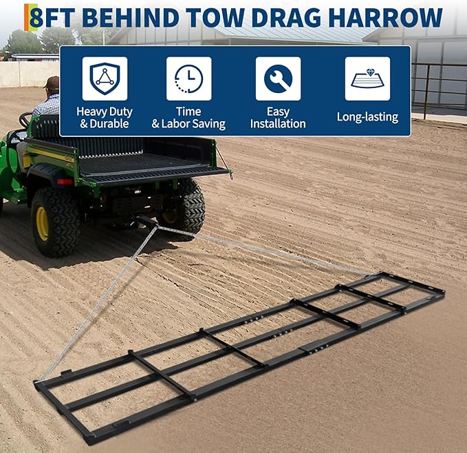 GarveeLife Drag Harrow Lawn Tractor, 8 ft Heavy Duty Driveway Drag with Chain for Gravel, 4 Safety Belts, Tow Behind Lawn Rake for ATV, Farm Field Garden