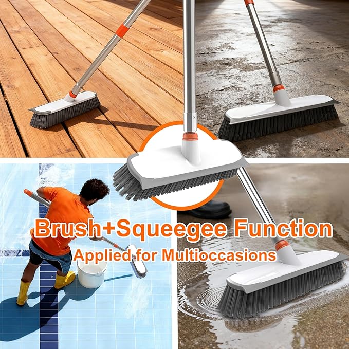 BITOPE 55" Deck Brush Long Handle Scrub Brush with Stiff Bristle 2 in 1 Heavy Duty Floor Scrubber Brush for Cleaning Floor Garage Bathroom Kitchen Wall Patio Concrete Balcony