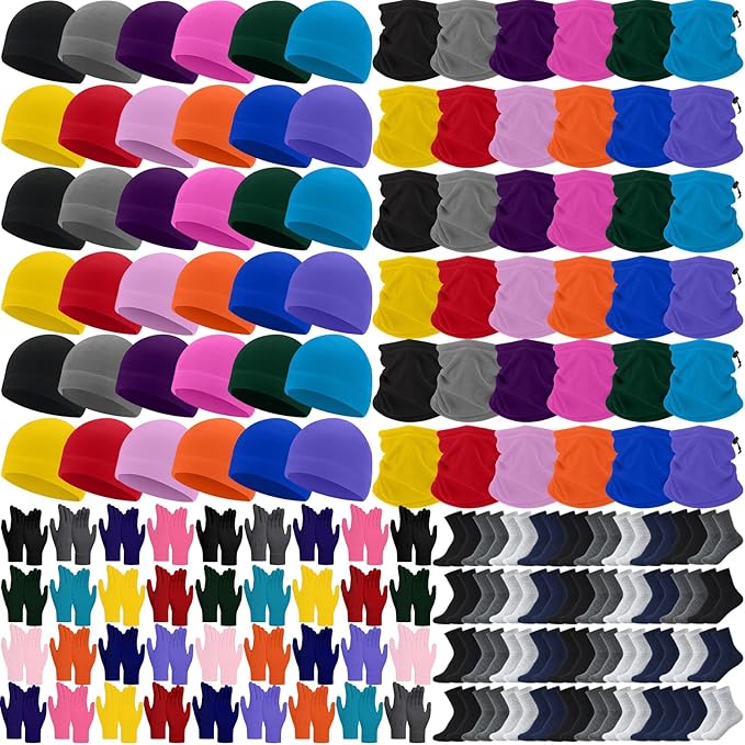 Liitrsh 148 Pcs Bulk Winter Fleece Hats Gloves Scarf Sock Sets for Men Women, Beanies for Homeless Donation Charity Bundle