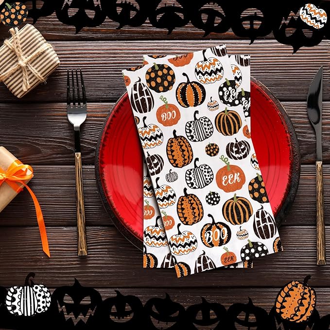 Jetec 200 Pcs Halloween Pumpkin Paper Napkins Paper Hand Towels for Bathroom Disposable Guest Napkins Orange Pumpkin Disposable Hand Towels for Halloween Christmas Birthday Party