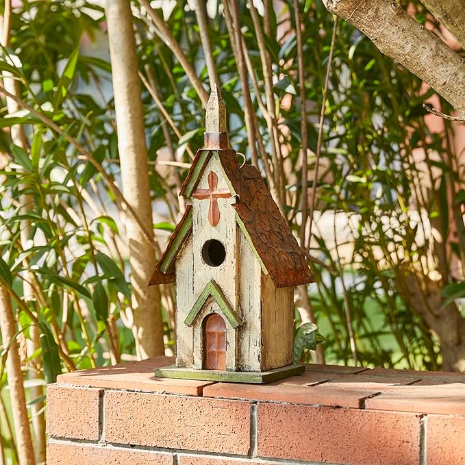 Glitzhome 14" H Hanging Distressed Wooden Church Birdhouse Garden Decor