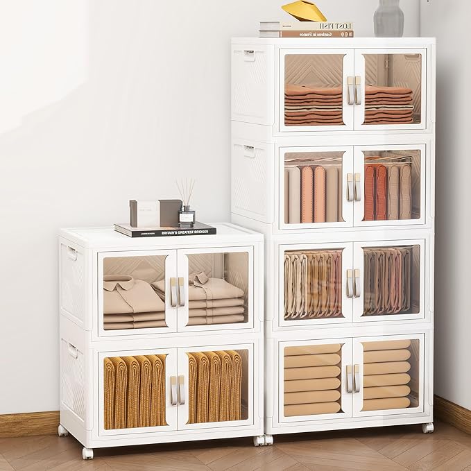 Large Clear Stackable Storage Bins with Lids, Foldable Storage Cabinet for Closet Organizers and Storage, Plastic Storage Box with Wheels 270 QT