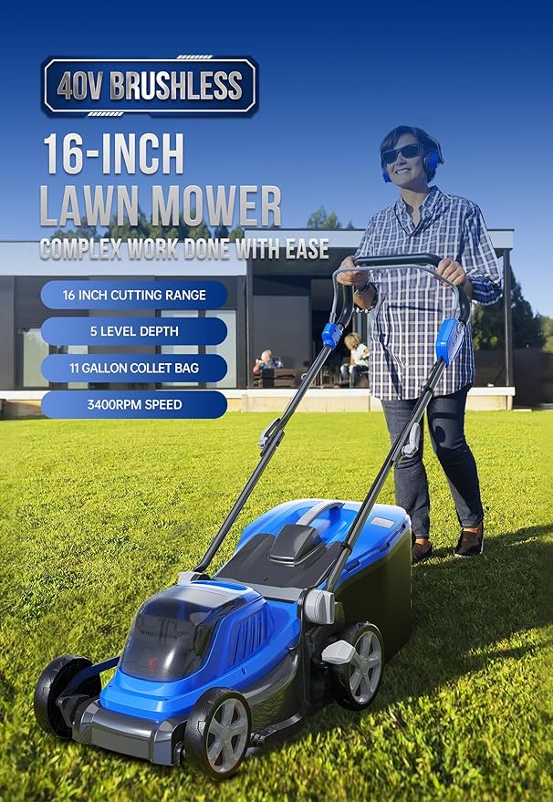 Wild Badger Power 40V 16″ Cordless Lawn Mower Brushless, 3,229 sq ft/0.074 ac,1×4.0Ah Battery & Fast Charger, 5-Position Height,for Small Residential Lawns