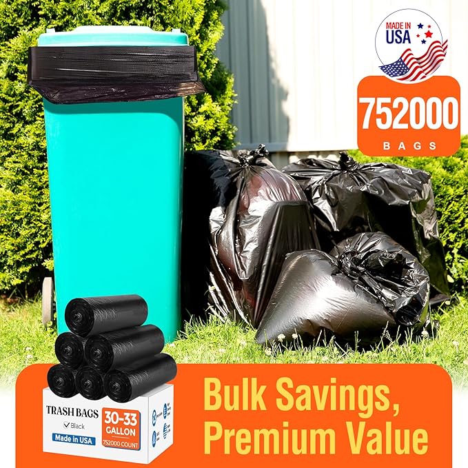 Delxo 33 Gallon Black Trash Bags,0.6 Mil, 752000 Count