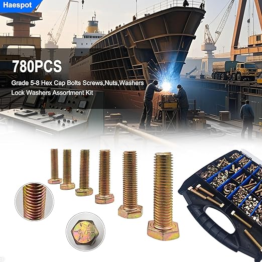 780PCS Haespot 5 to 8 Grade Alloy Steel Heavy Duty Bolt and Nut Assortment Kit, Corrosion-Resistant and Durable,1/4"-20，5/16"-18，3/8"-16, 1/2"-13 Imperial Units Multi-Size, Professional Storage