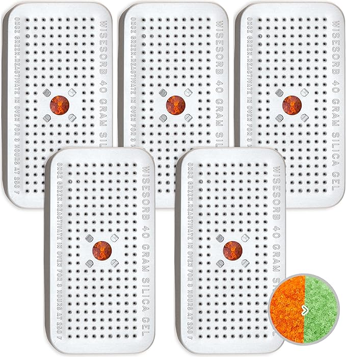 40 Gram Pack of 5 Silica Gel Canister, Gun Safe Dehumidifiers (Orange to Green), Reusable Desiccant Moisture Absorber for Car, Closet