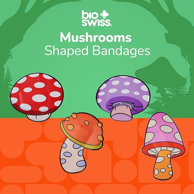 BioSwiss Kids Bandages, Mushroom Shaped Self Adhesive Bandage Set, Latex Free, Sterile Wound Care, 50 Count