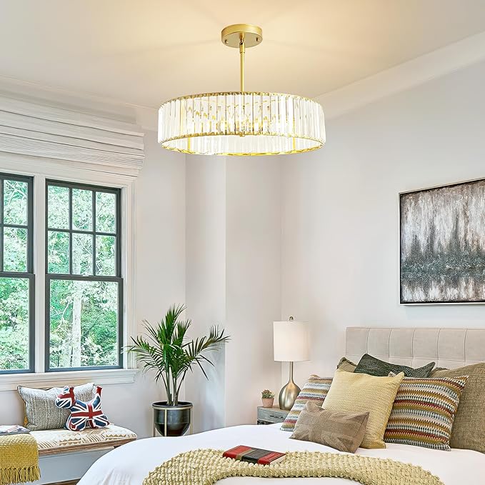5-Light Gold Crystal Chandelier for Dining Room, Modern Semi Flush Mount Chandelier Lighting Fixtures, Round Kitchen Hanging Drum Pendant Lights Ceiling for Living Room Bedroom Entryway Foyer， 20 Inch