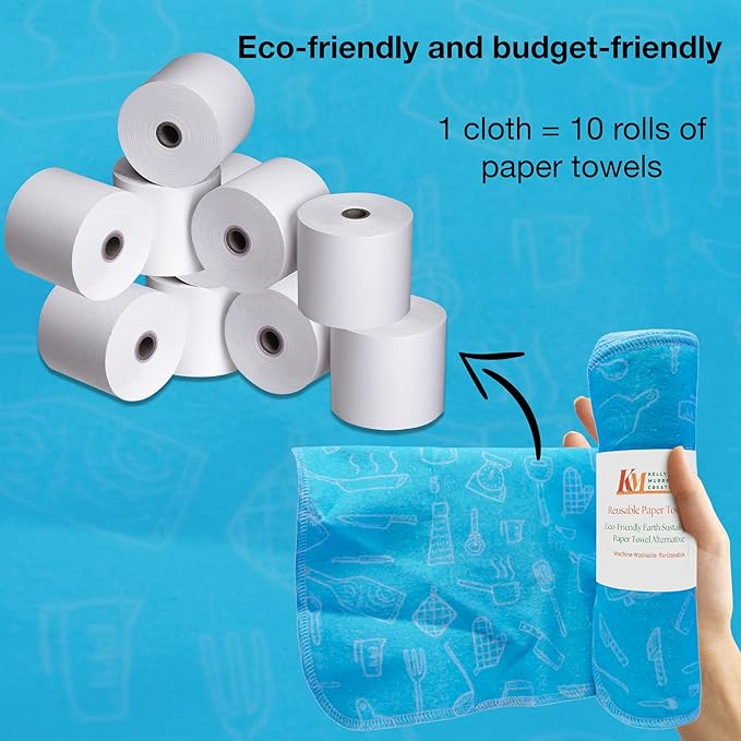 Pack of 10 Reusable Paper Towels | 10x10 Inch Cotton Towels | Kitchen Utensils Print | Eco Friendly, Washable, Quick Drying | Sustainable Cleaning Cloths | Blues Design