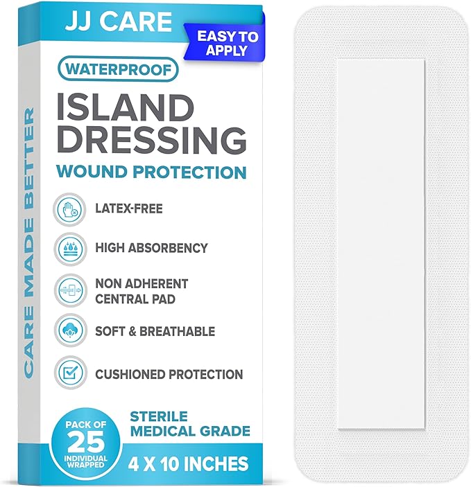JJ CARE Waterproof Adhesive Island Dressing [Pack of 25], 4" x 10" Sterile Bordered Gauze, Breathable Island Wound Dressing, Individually Wrapped Adhesive Gauze Bandages with Non-Stick Central Pad