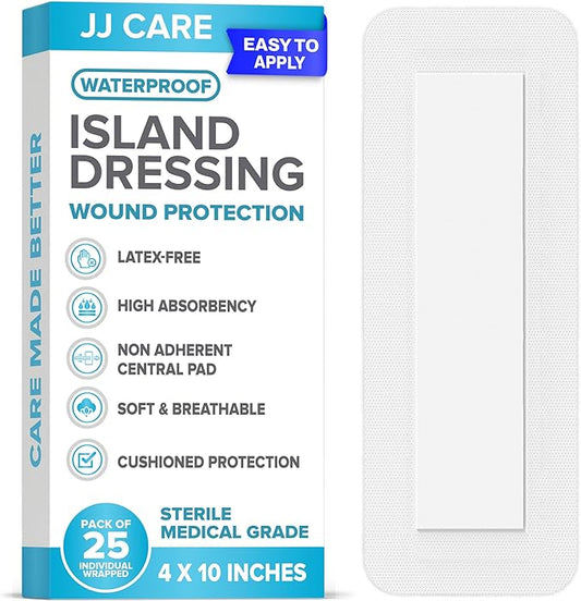 JJ CARE Waterproof Adhesive Island Dressing [Pack of 25], 4" x 10" Sterile Bordered Gauze, Breathable Island Wound Dressing, Individually Wrapped Adhesive Gauze Bandages with Non-Stick Central Pad