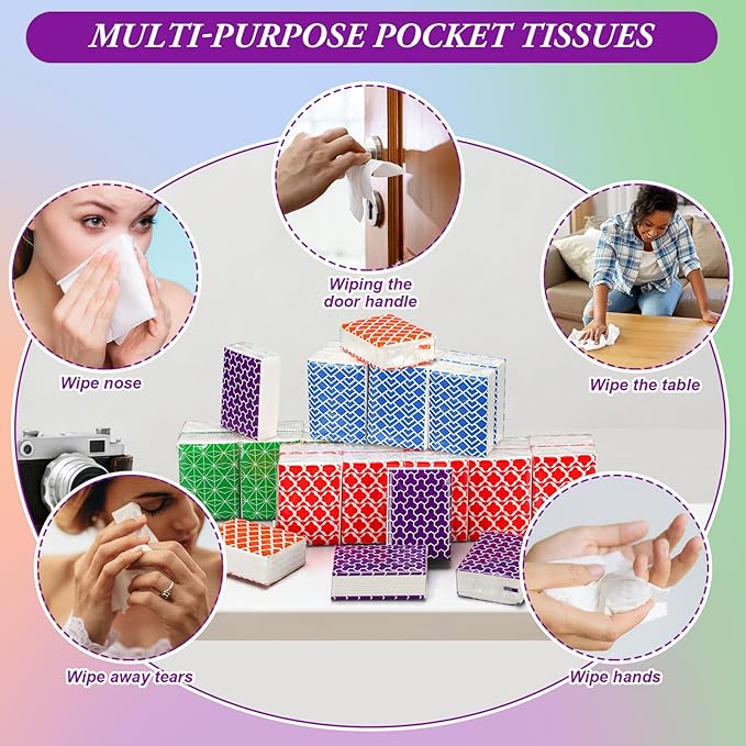 Therwen 100 Pack Pocket Tissues Travel Packs Bulk 1000 Sheet Mini Tissues Bulk 3 Ply Small Travel Size Paper Individual Pocket Size (Multicolor)