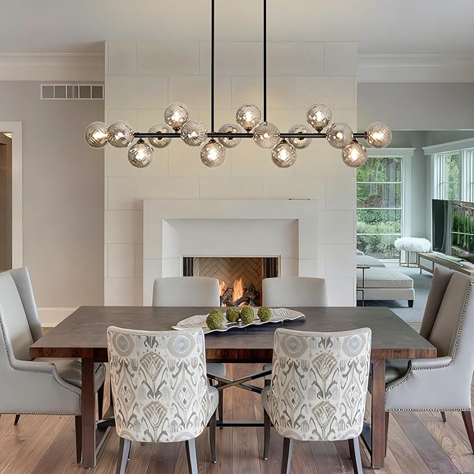 Dining Room Light Fixture 16-Light Large Chandelier Farmhouse Chandeliers for Dining Room Linear Sputnik Chandelier Smoke Gray Swirled Globe Glass Bubble Black Modern Pendant Lights Kitchen Island