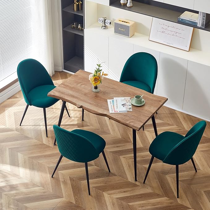 Modern Kitchen Table with Chairs Upholstered Set for 4, Stylish Brown Dining Table Wooden with Dark Green Velvet Dining Side Chairs Comfy with Cushion Seat for Apartment, Living Room