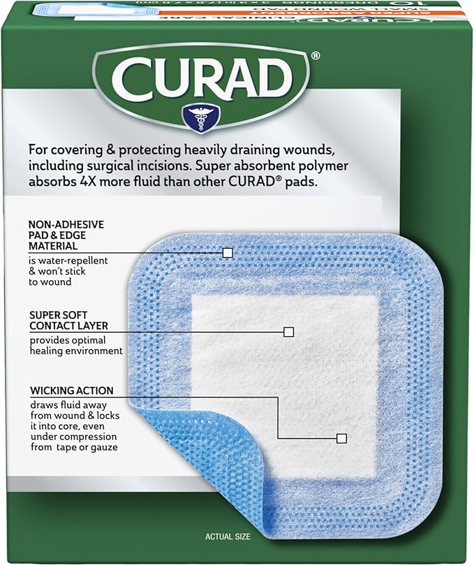 Curad Super Absorbent Wound Pad, Non Adhesive Gauze Pad for Wound Care, Water-Repellent Bandage for Wounds, Wound Care and Dressing Supplies, Small, 3"x3", 10 Count
