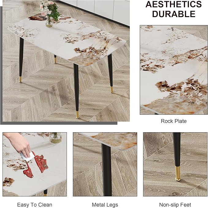 Modern Sintered Stone Dining Table Set - 50" Rectangular Faux Marble Kitchen Table with 4 PU Leather Chairs (1 Faux Marble Table + 4 Gray and Brown Chairs)