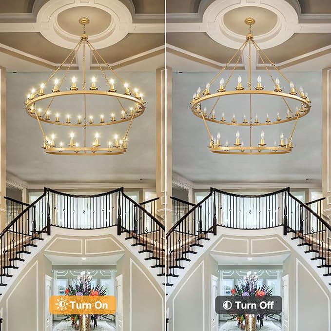 Wagon Wheel Chandelier, 2-Tier 36-Light Gold Extra Large Modern Rustic Farmhouse Chandelier Adjustable Height Light for High Ceiling Living Room, Entryways, Foyer, Dining Room