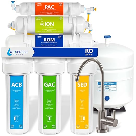 Express Water Reverse Osmosis Deionization Filtration System - 6 Stage RO With Faucet and Tank - Under Sink Filter - 100 GPD