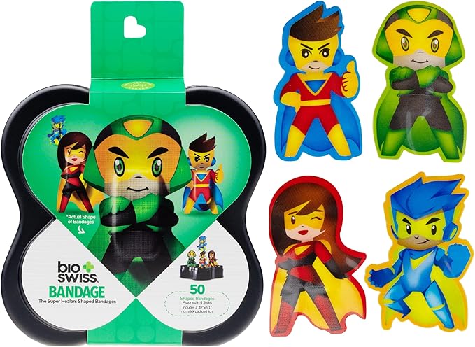 BioSwiss Kids Bandages, Super Healers Superhero Shaped Self Adhesive Bandage Set, Latex Free, Sterile Wound Care, 50 Count