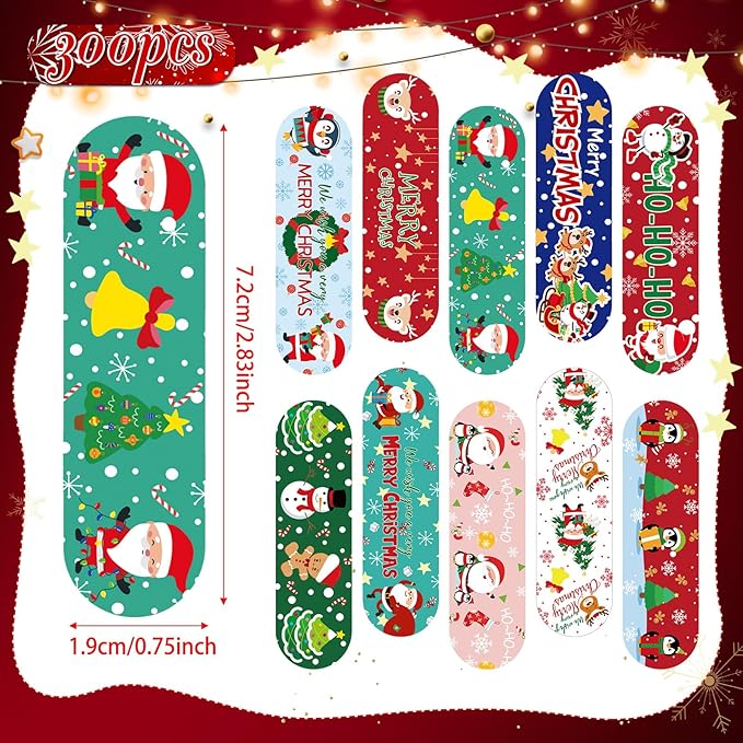 Patelai 300 Pieces Kids Bandages Bulk 10 Styles Children's Adhesive Flexible Colorful Cute Cartoon Bandages Waterproof Breathable Stickers Protection Care Cuts for Girls Boys(Santa Claus)