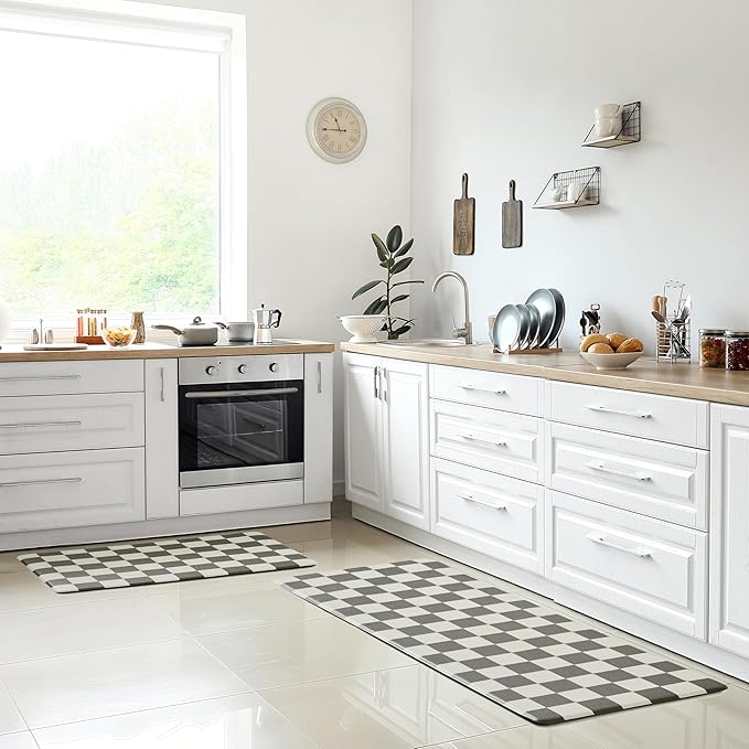 Checkered Kitchen Mats for Floor Set of 2, 2 Pcs Black White Cushioned Non Slip Runner Rugs for Kitchen/Sink/Laundry, Comfort Aesthetic Cute Anti-Fatigue Foam Floor Mat 17.3"x29.5"+17.3"x47.2"