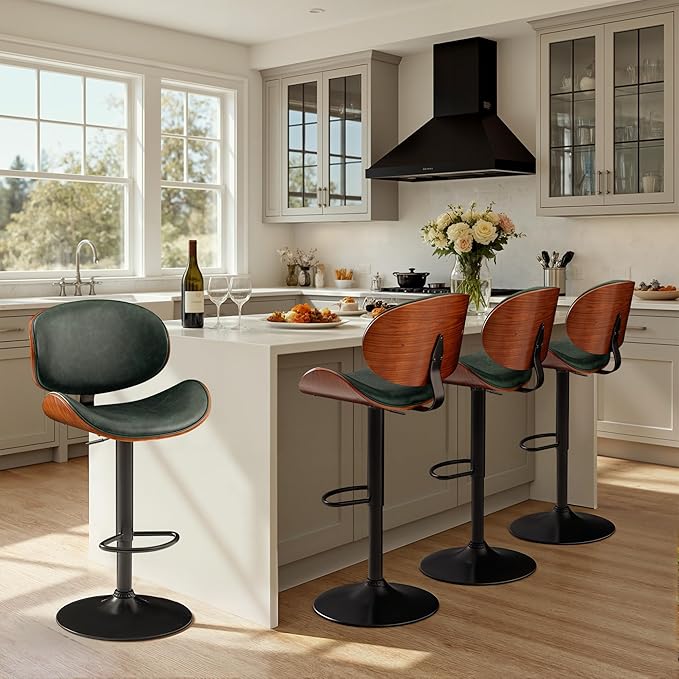 Bar Stools Set of 4 Adjustable Swivel Bentwood Barstools PU Leather Modern Bar Chairs with Back & Footrest for Bar, Kitchen Island, Dining Room (Grenn, Set of 4)