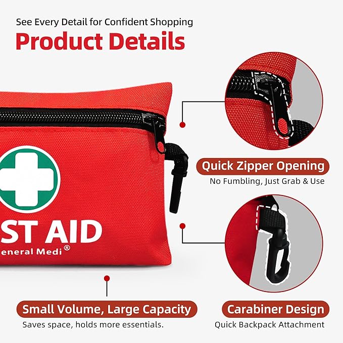 General Medi Mini First Aid Kit, 110 Piece Small First Aid Kit - Includes Emergency Foil Blanket, Scissors for Travel, Home, Office, Vehicle, Camping, Workplace & Outdoor (Red) (Pack of 2)