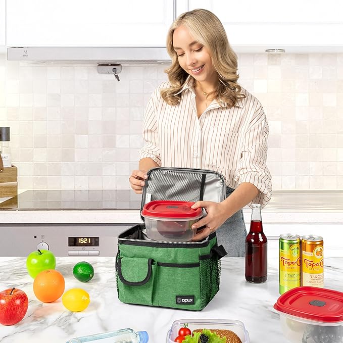 opux Insulated Lunch Bag for Men Women, Leakproof Heather Green Lunch Box for Work, Portable Soft Lunch Cooler Bag with Shoulder Strap, Adult Lunchbox Lunch Pail for Kid Boy Girl School, 14 Can/8L
