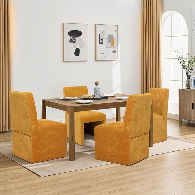 Upholstered Dining Chairs Set of 4 Modern Kitchen & Dining Room Chairs Linen Fabric Dining Chairs with Wooden Frame, Yellow