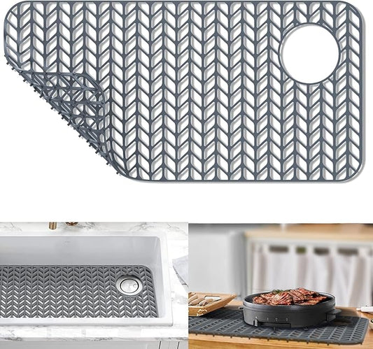 GUUKIN Sink Protectors for Kitchen Sink - 28.6"x 14.5" Silicone Kitchen Sink Mat Grid for Bottom of Farmhouse Stainless Steel Porcelain Sink with Right & Left Drain（Grey）, 2814R