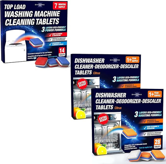 Washing Machine Cleaner Tablets Top Load 14 Pack & Dishwasher Cleaner Deodorizer Descaler Tablets 56 Pack Bundle - 2 Plus Year Supply - Septic Safe Eco Friendly Formula