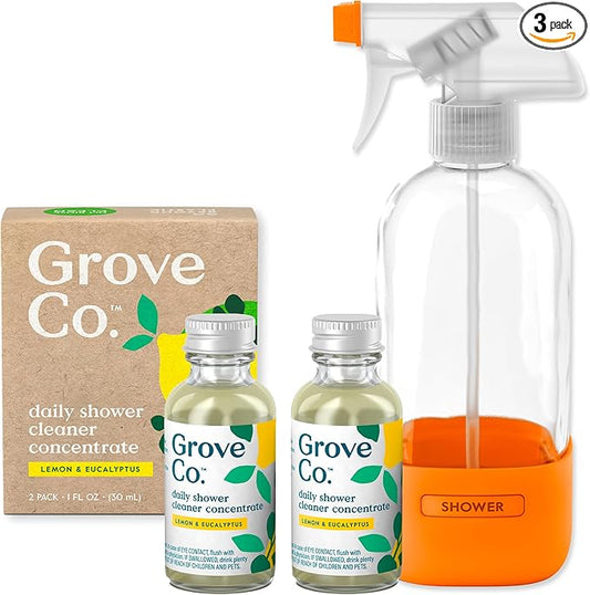 Grove Co. Daily Shower Cleaner, Refill Concentrate (2 x 1 Fl Oz) + 1 x Reusable Glass Spray Bottle (16 Oz), Plant-Based Cleaning Supplies, Reduced Plastic, Lemon & Eucalyptus Fragrance