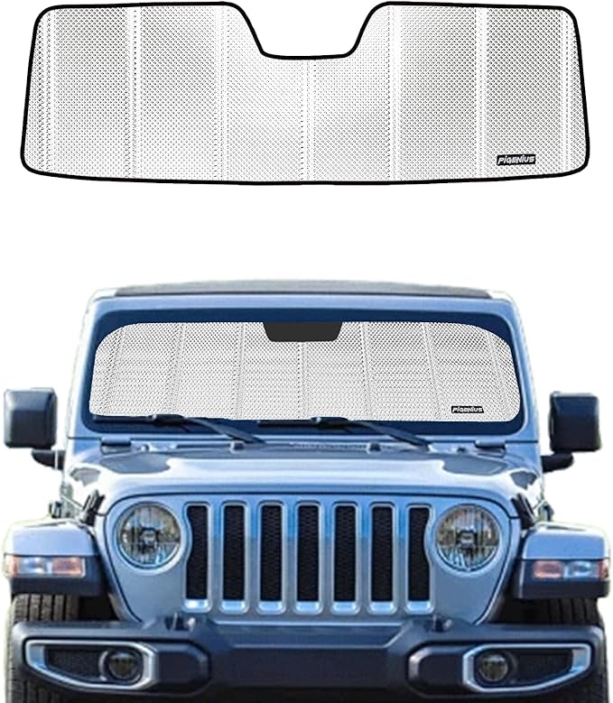 Windshield Sun Shade for Jeep Wrangler 2011-2017; Jeep Wrangler JK 2018. Reflective Aluminum Film Front Window Sunshade B